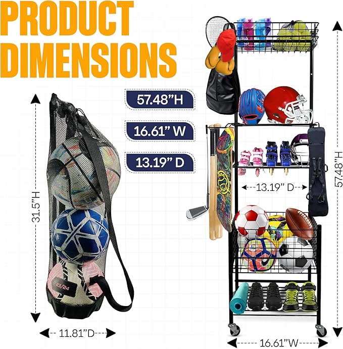 Garage Sports Equipment Organizer, Ball Storage Outdoor Toy Storage, 5 Layers Sports Outdoor Rack Nerf Gun Rack Basketball Rack for Balls with Holder and Hooks.