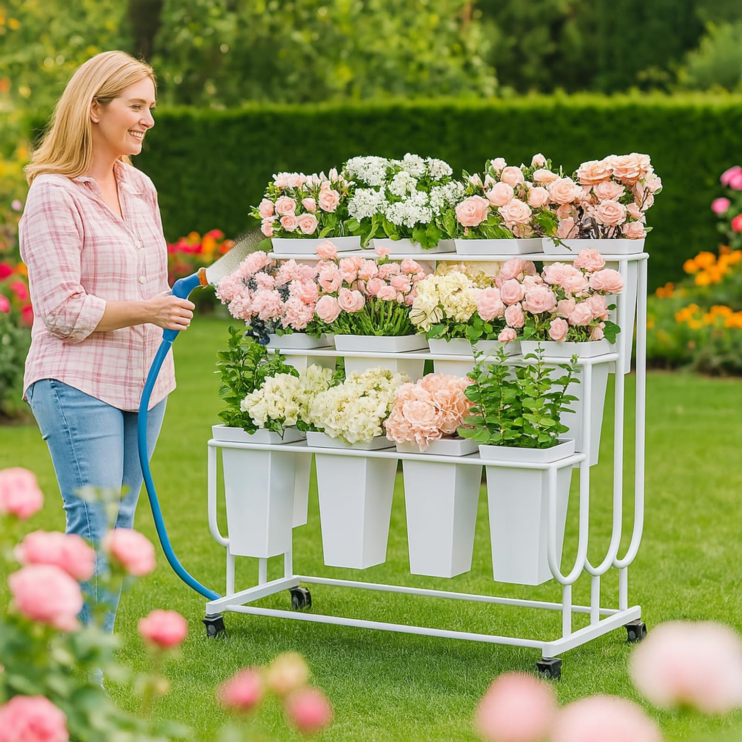 FEFZSFER Flower Display Stand Frame, 3-Tier Flower Cart with Wheels, Metal Floral Display Rack , Moving Florist Bouquet Shelf for Shop ,Flower Bar, Events, without Buckets(White, 3 Tier)