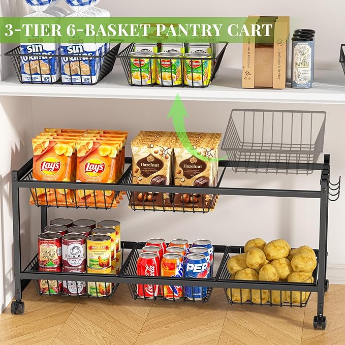 2-Tier Rolling Pantry Cart on Wheels with 6 Removable Baskets, Sturdy Pantry Floor Organizer and Storage, Kitchen Storage Cart for Fruit Vegetables, Snack Organizer for Pantry Kitchen Living Room