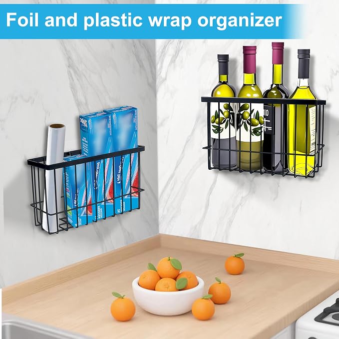 Wall Organizer Baskets, Lid Organizers Inside Cabinet with 2 Caddy Adhesive, Cabinet Door Organizer with 2 Sponges, 4 Hooks, Cabinet Door Storage for Foil Aluminum Roll, Black, 2 Pack (Small, Medium)