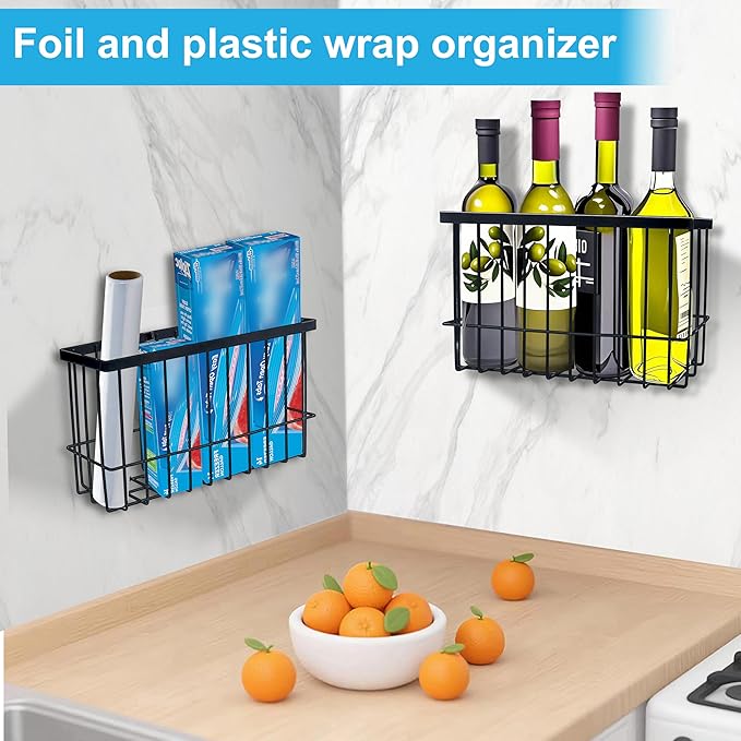 Cabinet Door Organizer Basket 2 Pack, Foil and Plastic Wrap Organizer with 2 Sponges, Lid Organizers Inside Cabinet, Metal Basket for Kitchen Organizers and Storage, Utility, Black (Medium,Large)