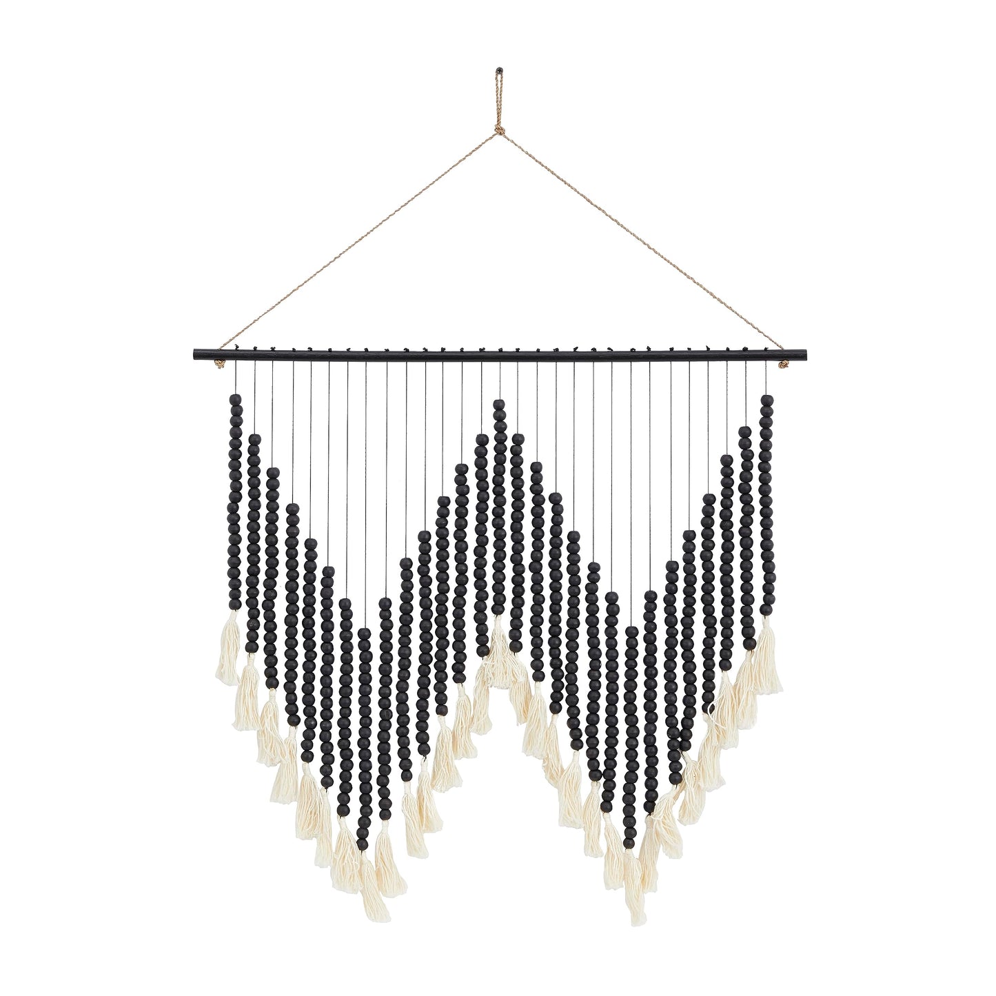 Deco 79 Wood Macrame Home Wall Decor Beaded Wall Sculpture with Fringe Tassels, Wall Art 26" x 1" x 35", Black