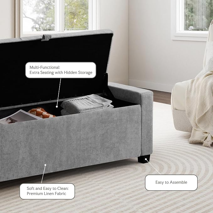 GRAINELL Storage Ottoman Bench, Upholstered Tufted Bedroom Bench with Storage, End of Bed Storage Bench for Living Room & Entryway, 350 lb Capacity, Linen Light Gray