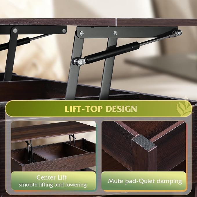 WLIVE Coffee Table, Lift Top Coffee Table with 2 Drawers, Large Hidden Compartment and Open Storage Shelf, Lift Tabletop, Dining Table for Living Room, Espresso