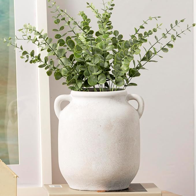 Ceramic Flower Vase Home Decor - Farmhouse Rustic White Table Vases with Handle Living Room Decoration Decorative Vintage Pottery for Kitchen Shelf Coffee Dining Desk Bookshelf Fireplace (7.6" Rustic)