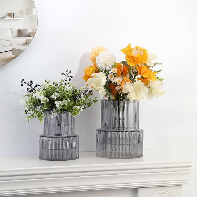 Ribbed Glass Vases for Bouquet, Set of 2 Black Vases for Flowers, Black Glass Vase for Tulips, Modern Vase for Living Room, Office, Coffe Table, Dining Table, Shelf, Wedding