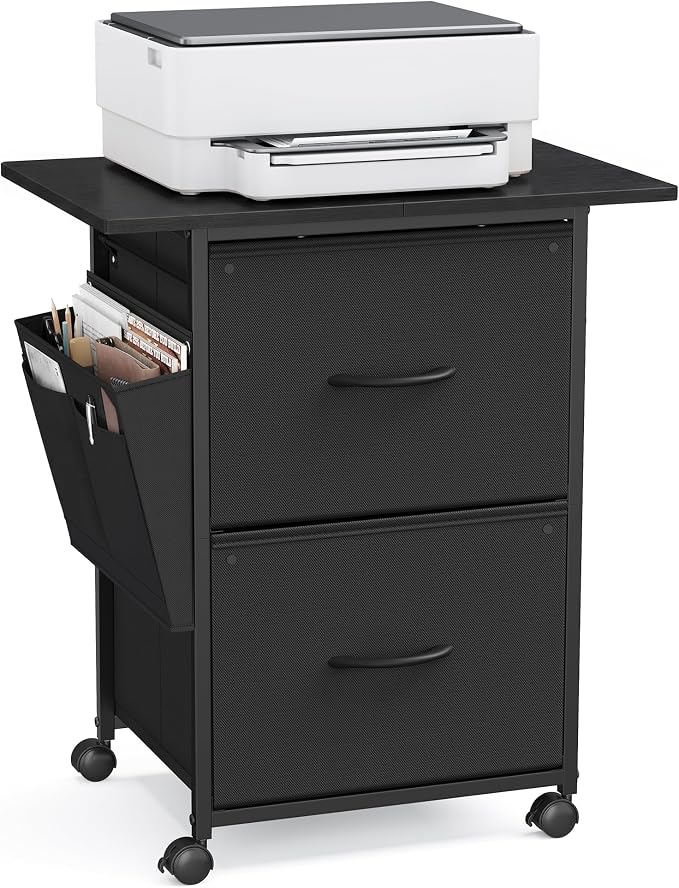 VASAGLE 2-Drawer File Cabinet, Mobile Printer Stand with Storage, Filing Cabinet for A4 Letter Size, Side Pockets, 23.6 x 15.7 x 26.8 Inch, Ink Black, Bellah Collection UOFC202BC01