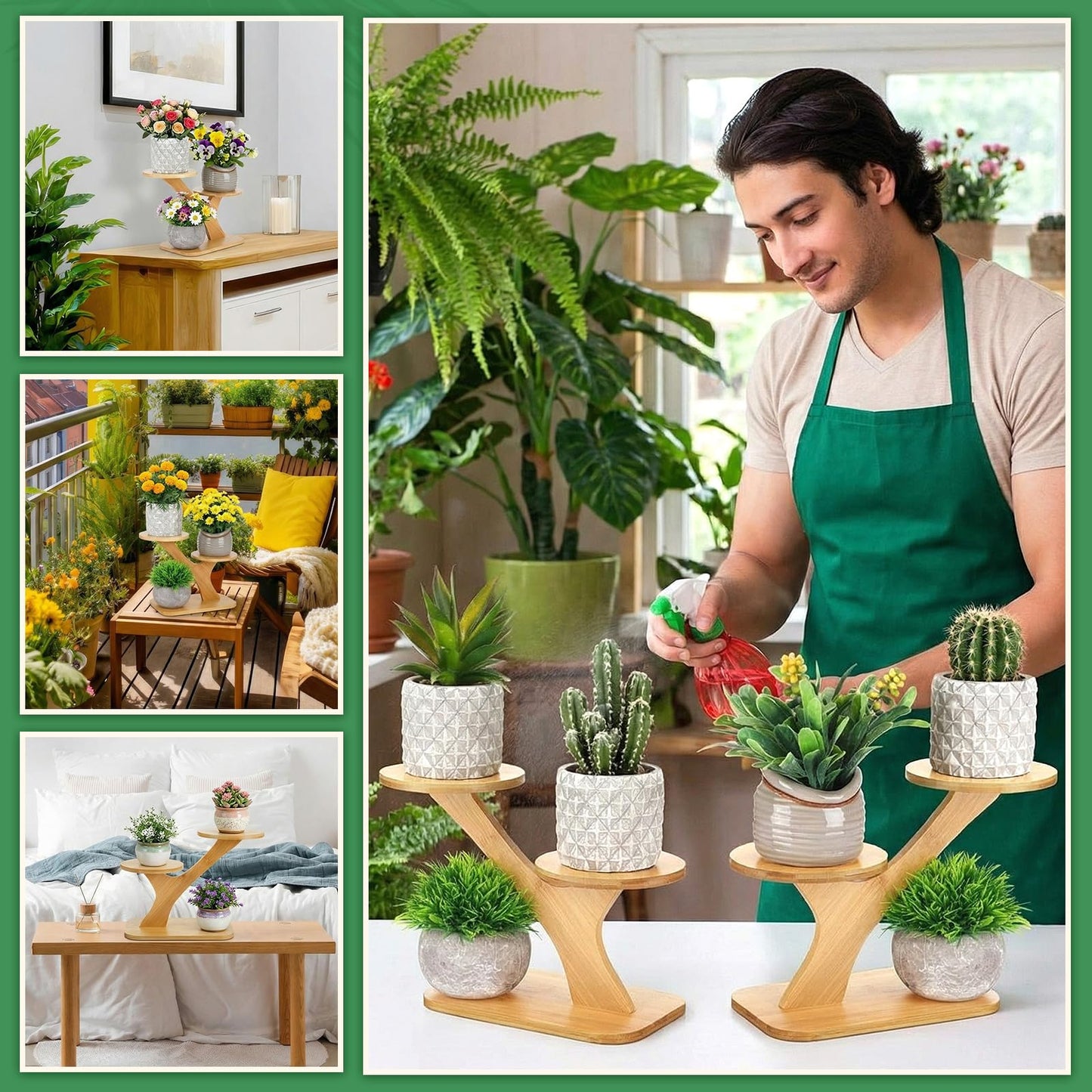 Ferrochef 4 Pcs Bamboo Plant Stand for Indoor 3 Tiers Succulent Windowsill Shelf Small Tabletop Plant Flower Holders for Home Garden Patio Lover Gift Office Living Room Bedroom Decoration