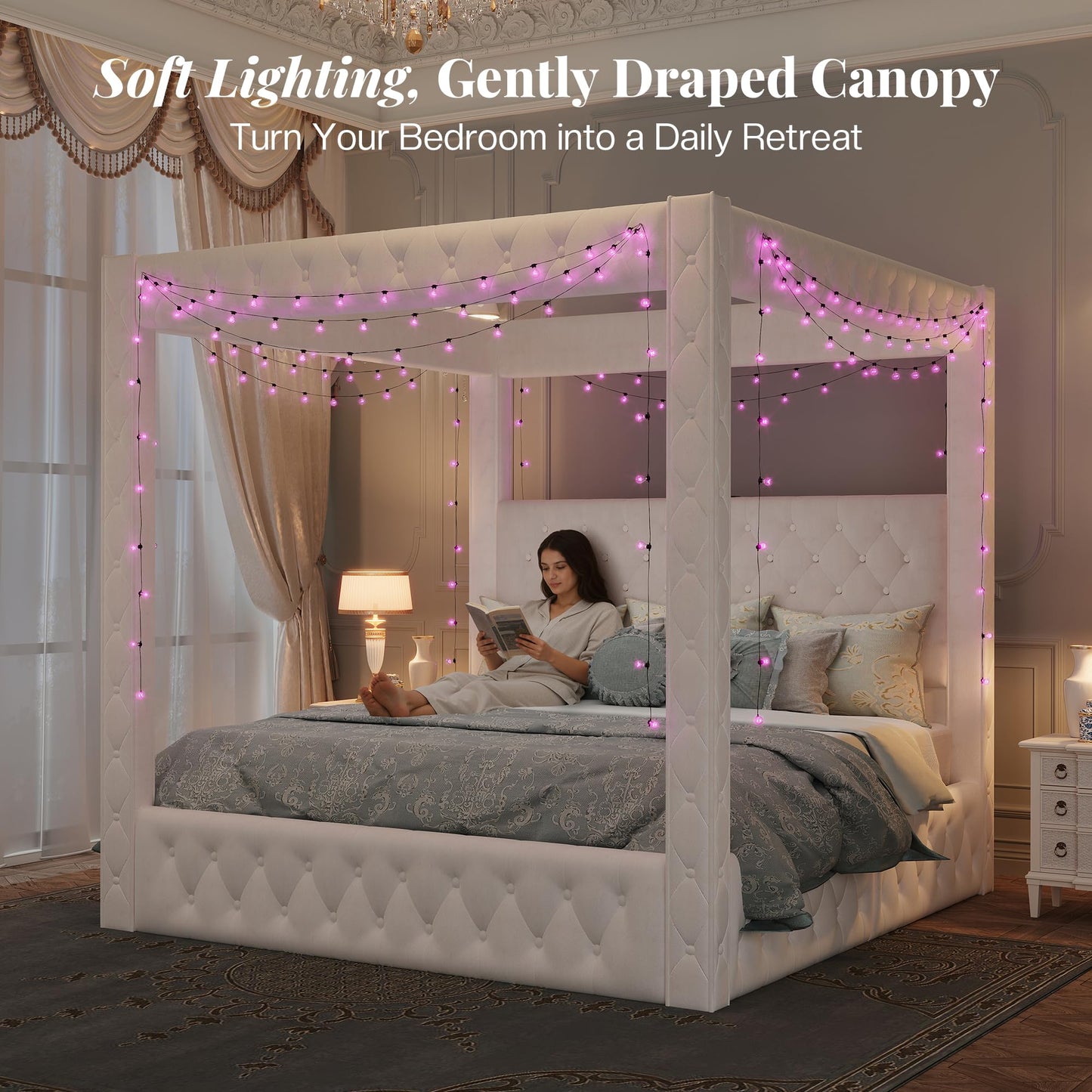 Jocisland Upholstered Canopy Bed Frame Queen Size with 74.8" Tall Four Poster and Velvet Deep-Tufted Tall Headboard with Charging Station/Modern Luxury Style/No Box Spring Needed/Cream