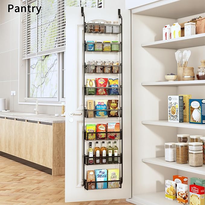 Over the Door Pantry Organizer, 8-Tier Pantry Door Organization and Storage, Over the Door Spice Rack, Home & Kitchen Storage Shelves for Cabinet, Black