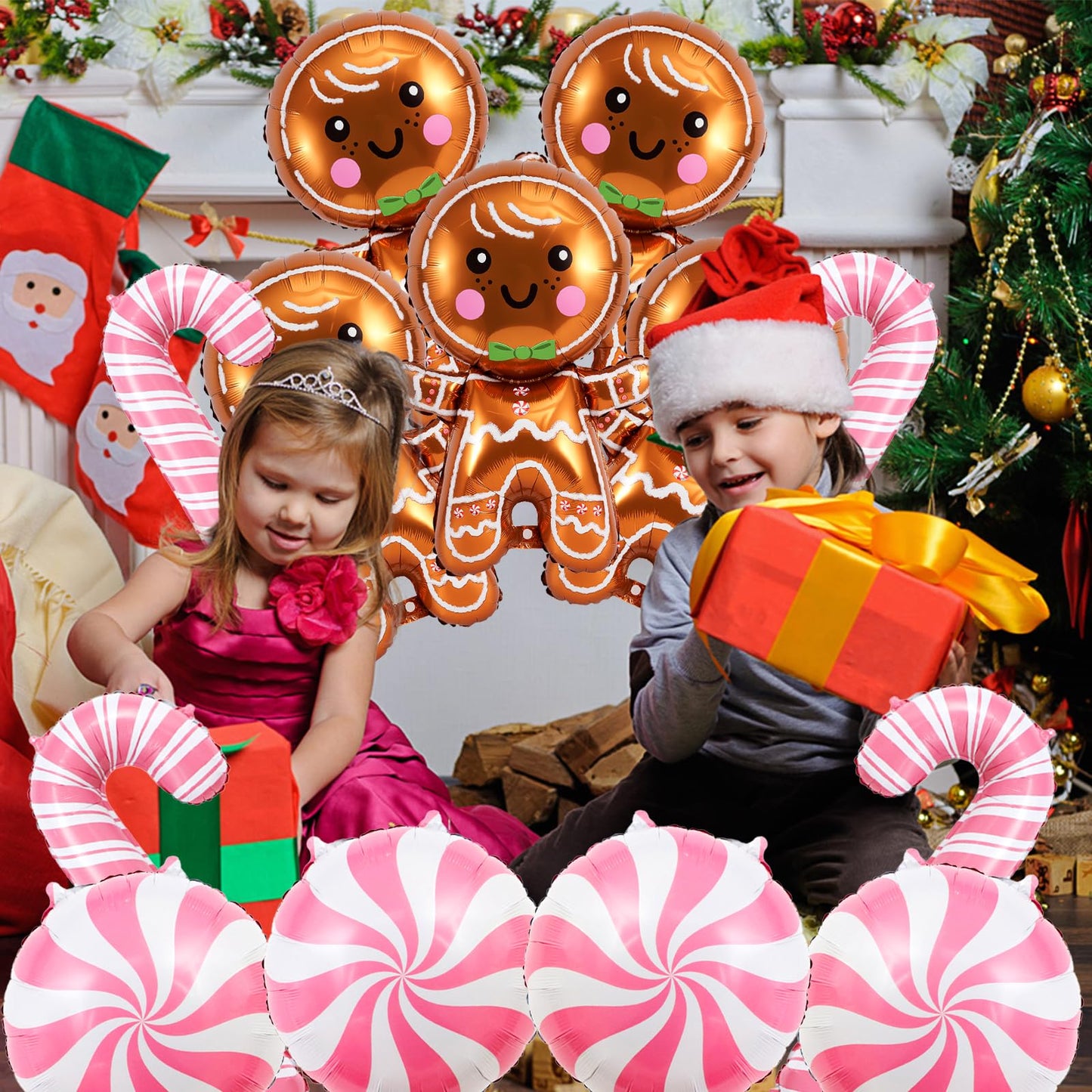 14 Pcs Christmas Balloons Decorations Gingerbread Man Balloons Pink Candy Cane Foil Balloon for Christmas Birthday Party Winter Themed Decorations