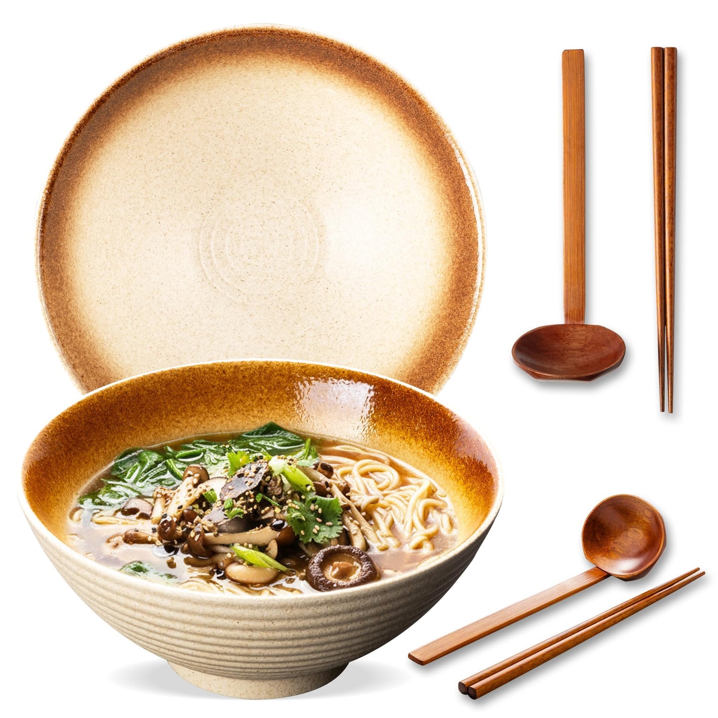 ArtifexCeram 8 Inch Ceramic Ramen Bowl Set of 2, 40oz Japanese Bowls with Spoons & Chopsticks,Durable,Microwave & Dishwasher Safe,Perfect for Ramen,Pho,Salad,Soup,Noodles，Mixing bowls（Amber）