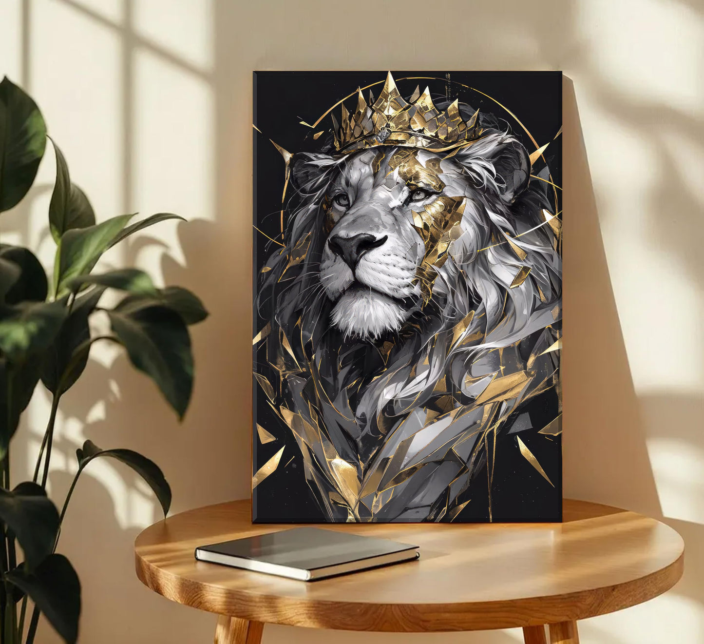 Lion King Canvas Wall Art Man's Cave Poster Prints Crown Lion Pictures Modern Abstract Black Gold Animal Painting Wall Decor Living Room for Men's Bedroom Office 12x16in Framed