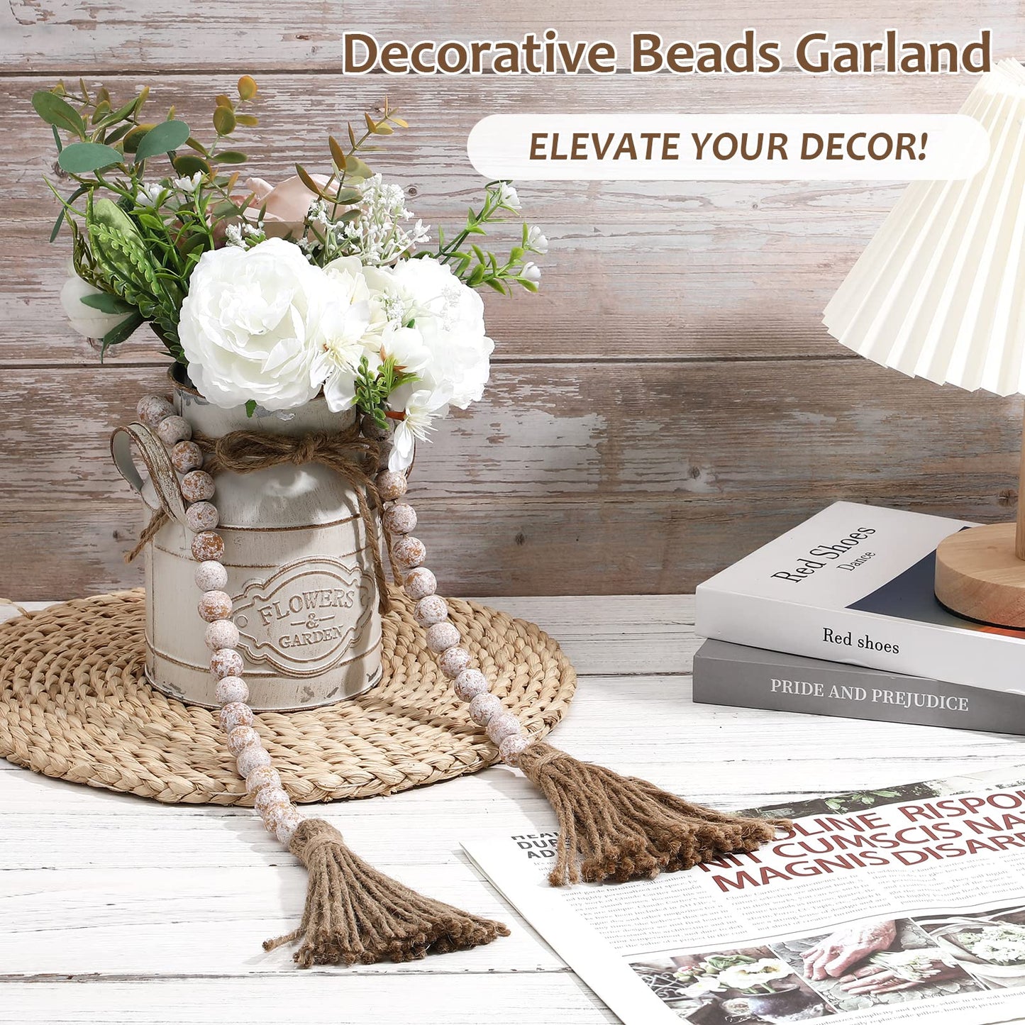 IMIKEYA Wooden Beads Garland: Farmhouse Wood Bead Garland with Tassels Boho Wall Hanging for Home Decor Tiered Tray Rustic Wood Prayer for Coffee Table Decor