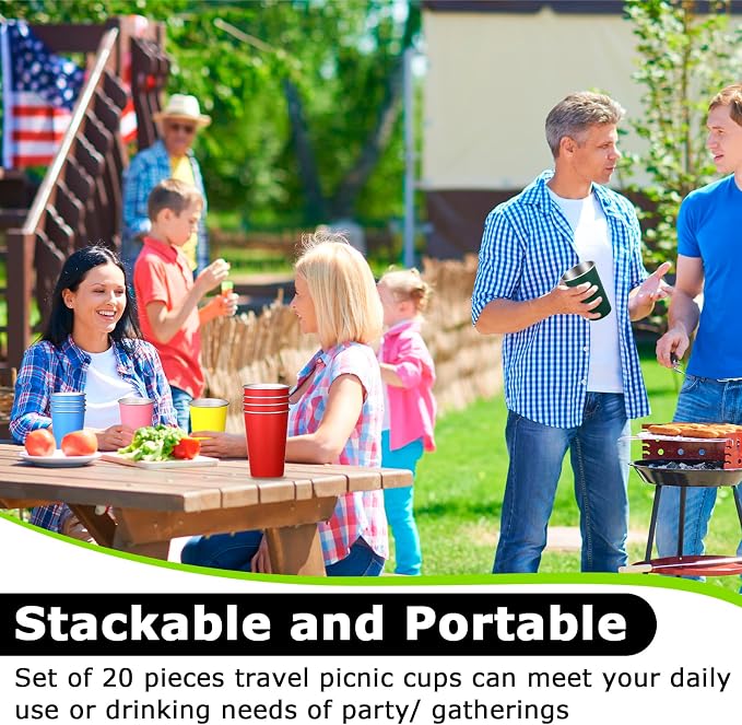 Mimorou 20 Pack Stainless Steel Pint Cups Metal Cups Unbreakable Drinking Water Tumblers Stackable Tumbler for Adults Bar Home Restaurant Travel Picnic Camping Outdoor (Multicolor,16 oz)