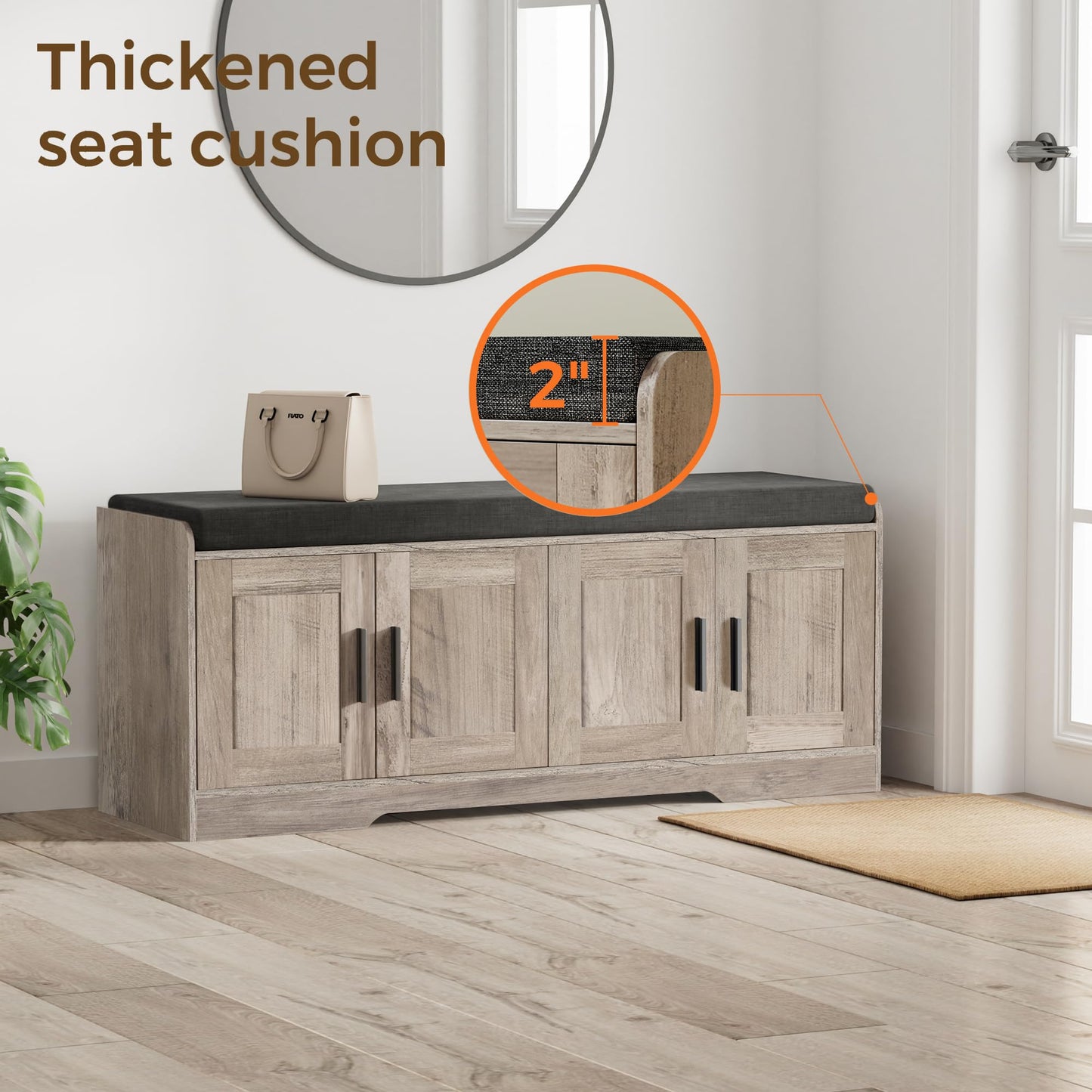 Homleke 2-Tier Storage Bench, Shoe Bench with Thickened Padded Seat Cushion, Entryway Bench with 4 Doors, Adjustable Shelf, 13.8" D x 45.3" W x 18.5" H, for Entryway, Living Room, Bedroom, Greige