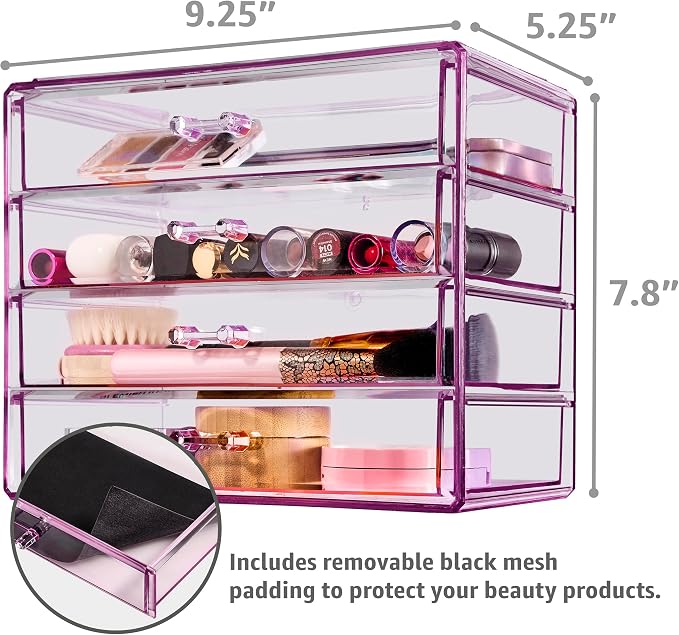Sorbus Makeup Organizer - 4 Drawer Acrylic Make Up Organizers and Storage for Cosmetics, Jewelry, Beauty Supplies, Clear Makeup Organizer for Vanity, Girl's Room, College Dorm, Counter, Bathroom Sink