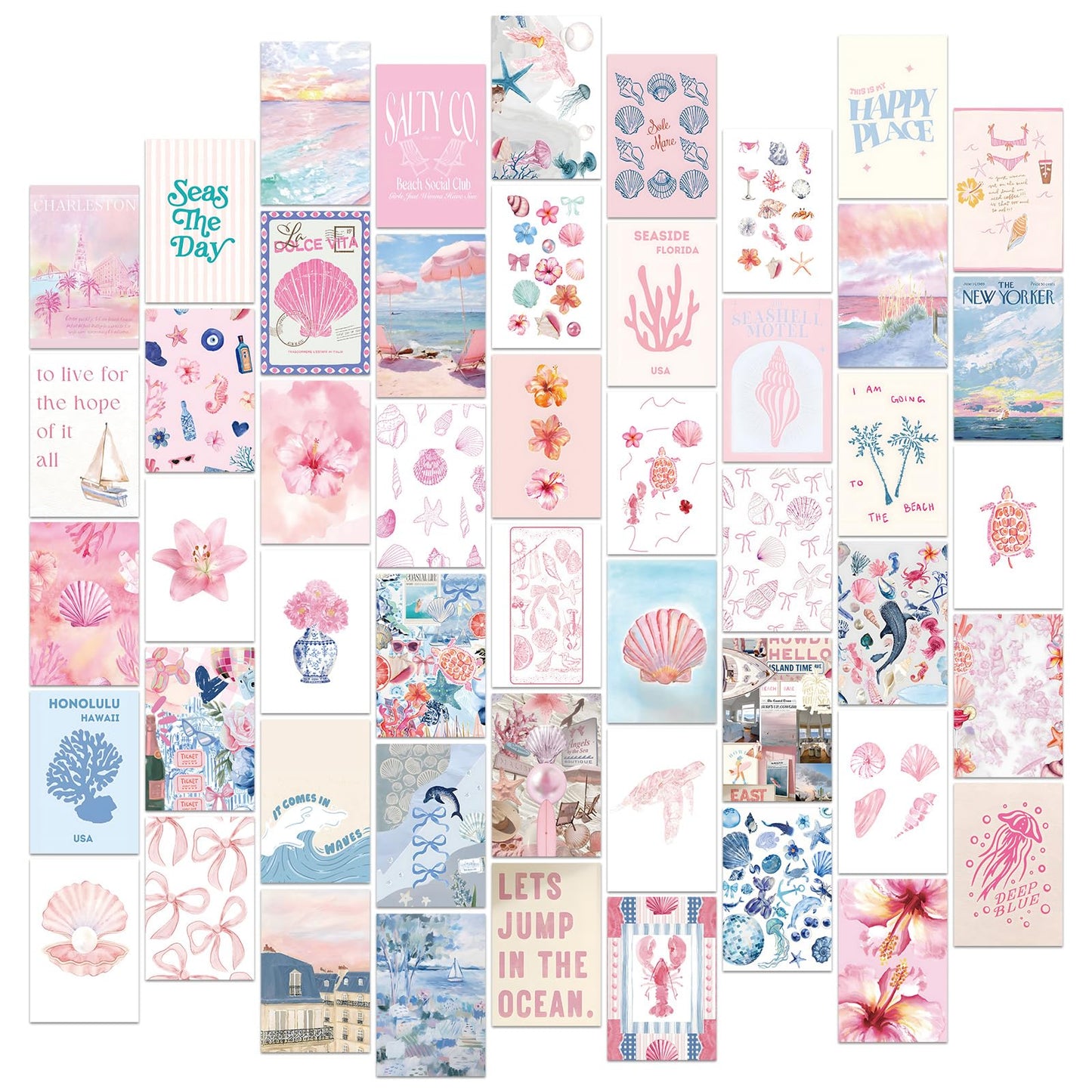 FYSUIMU 50Pcs Coastal Wall Collage Kit Pink Blue Coastal Beach Seashell Art Print Preppy Room Decor Aesthetic Pictures for Bedroom Wall Dorm Home Decor, 4 x 6 Inch