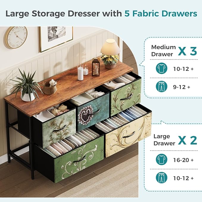 OLIXIS Dresser for Bedroom with 5 Drawers, Wide Chest of Drawers, Fabric Bedroom Dresser with Drawer Organizer, Storage Organizer Unit with Fabric Bins for Closet, Living Room, Hallway, Flower