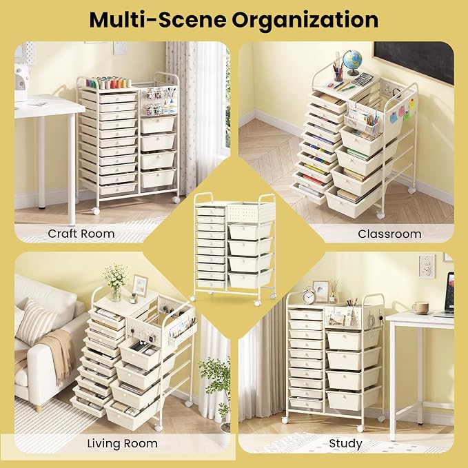 GOFLAME 14-Drawer Rolling Storage Cart with Pegboard, Craft Storage Cart with Lockable Wheels and Metal Frame, Multifunctional Art Cart Supply Storage Organizer for Home Office Classroom, White