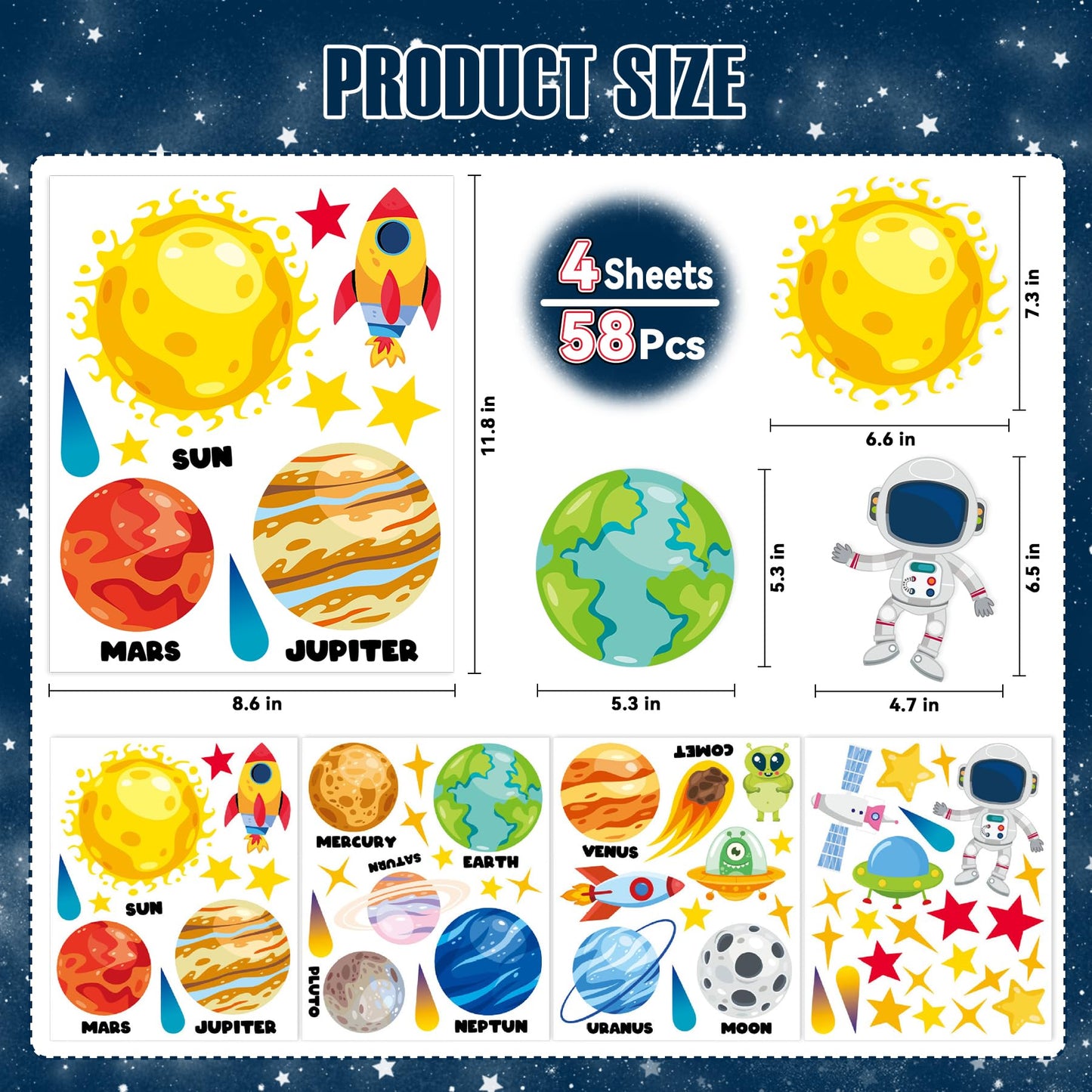 Outer Space Wall Decals - 4 Sheets 58 Pcs Large Space Planets Rocket Astronaut Wall Stickers Peel and Stick Removable Wall Decors for Kids Baby Bedroom Boys Room Nursery Playroom Classroom