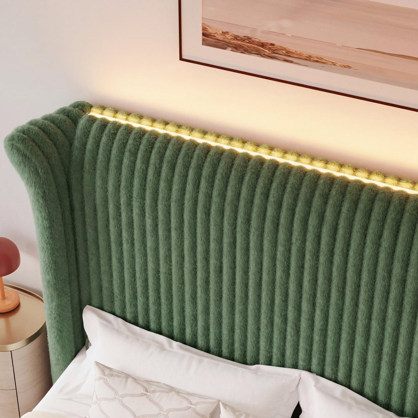 Keyluv Queen Bed Frame with 54” Tall Faux-Fur Wingback Headboard, Upholstered Platform Bed with LED Light, Mattress Foundation with Solid Wooden Slats Support, No Box Spring Needed, Noise-Free, Green