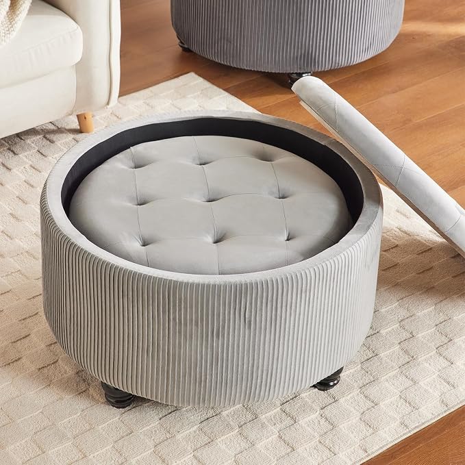 29&24.5inch Large Round Storage Ottoman Coffee Table Set of 2 Modern Button Storage Coffee Table with Removable Lid for Living Room Upholstered Footrest Stool for Bedroom (Large-Light Grey)