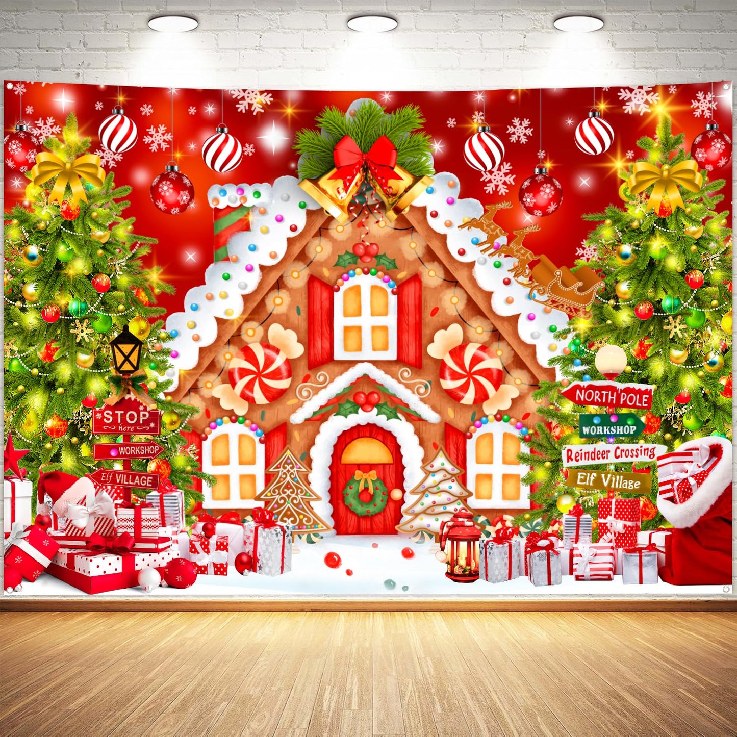 Christmas Backdrops for Photography, Gingerbread House Photo Backdrop for Wall Photoshoot, Xmas Background Holiday Party Decorations 7x5ft