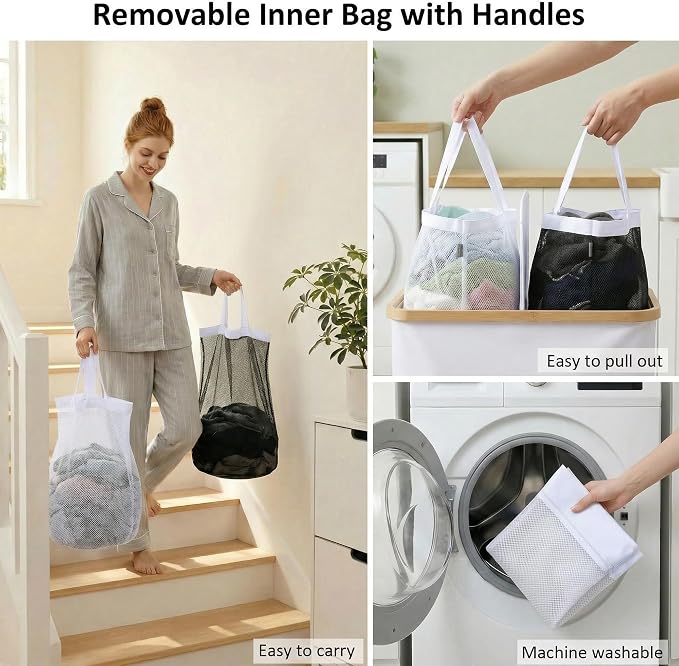 efluky Laundry Hamper with Lid, Double Laundry Basket with 2 Removable Bags, 2 Section Laundry Bin with Bamboo Handles for Bathroom, Bedroom & Laundry Room, 140L (36.9 Gallon) White