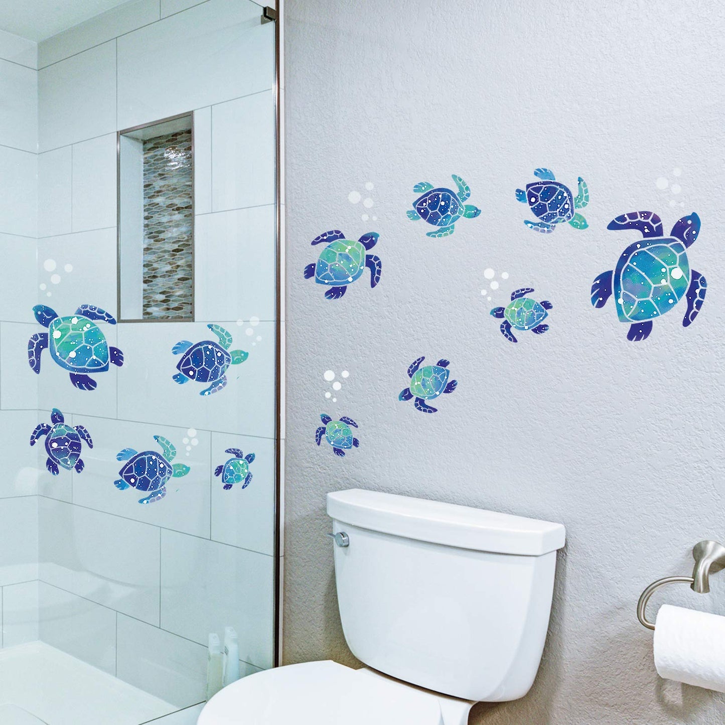 12 Pcs Sea Turtle Wall Decals Ocean Turtle Vinyl Stickers Underwater Bathroom Decals Waterproof Wall Sticker Decoration for Home Office Nursery Room Toilet (Blue)