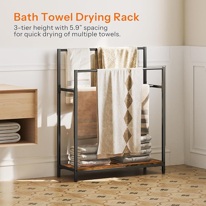 HOOBRO Extra Large Free Standing Towel Rack, 3 Tier Blanket Rack, Blanket Holder for Bathroom, 32.3" L x 11.4" W x 39.4" H, for Living Room, Bedroom, Rustic Brown and Black BF30LB01