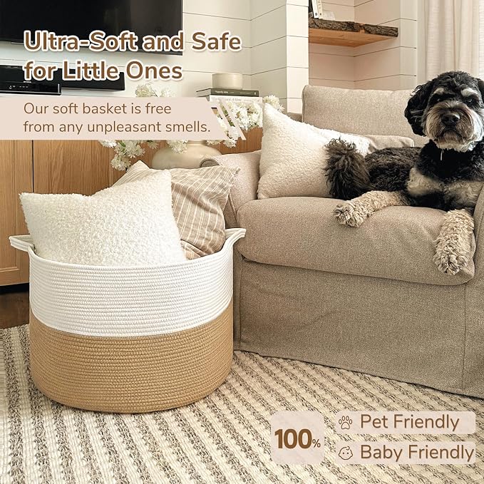 INDRESSME XXXLarge Jute Rope Basket 21.7" x 21.7" x 13.8" Woven Baby Laundry Baskets for Blankets Toys Storage Basket with Handle Comforter Cushions Storage Bins Thread Laundry Hamper