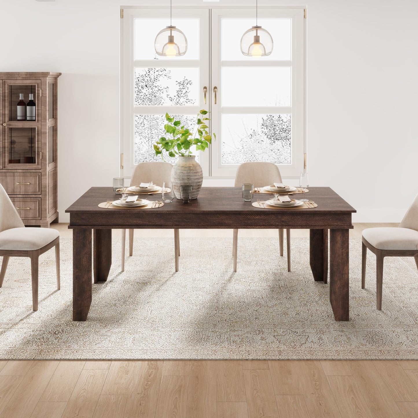 GarveeHome Farmhouse Dining Table for 6-8 People, 71 in Long Kitchen Tables with Wooden Sturdy Frame, 6 ft Large Rectangular Dinner Table for Dining Room, Kitchen, Dark Walnut, 71" Non-extendable