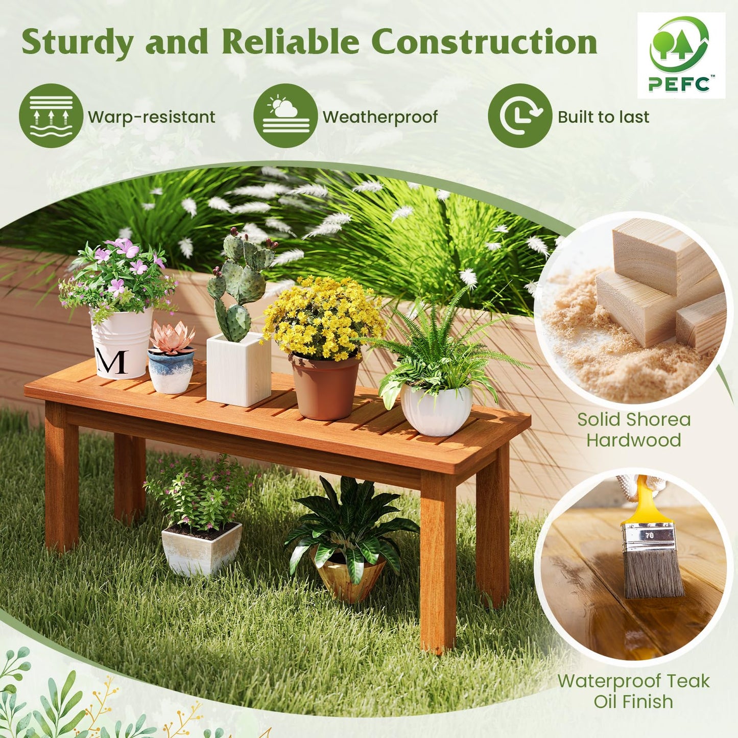 Tangkula Wooden Plant Stand, Outdoor Indoor Solid Wood Flower Pot Holder Display Shelf with Teak Oil Finish, Slatted Top, Rustic Plant Rack for Patio Garden Entryway Porch