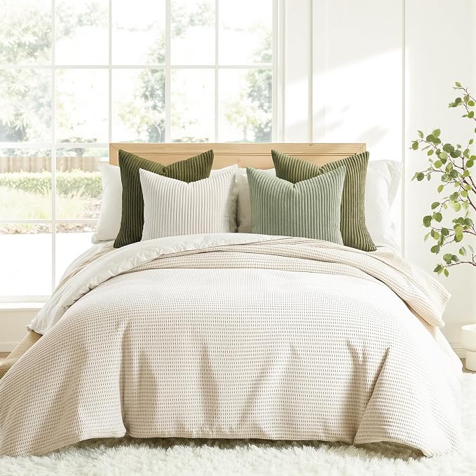 Topfinel Boho Farmhouse Green White Throw Pillow Covers 16x16 Inch Set of 4 Mordern Nordic Cushion Covers Soft Corduroy Spring Home Decor for Couch Bed Sofa Living Room Forest Green