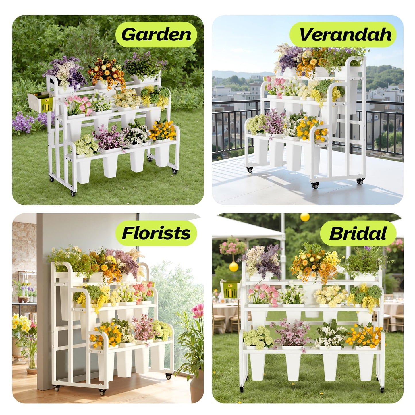 GVRVHJS Flower Display Stand with 11 Buckets, Moving Florist Bouquet Shelf, Upgrade 360° Swivel Wheels and Brake, Flower Cart 3 Layers for Indoor, Outdoor Patio Garden, Living Room, Florist (White)