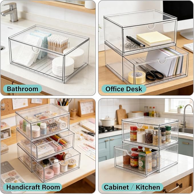 Prsildan Acrylic Makeup Organizer, 3 Pack Stackable Clear Storage Drawers for Baby Bottles Desk Organizers with 3 Drawers for Countertop Vanity Nursery Modular System for Cosmetics Jewelry