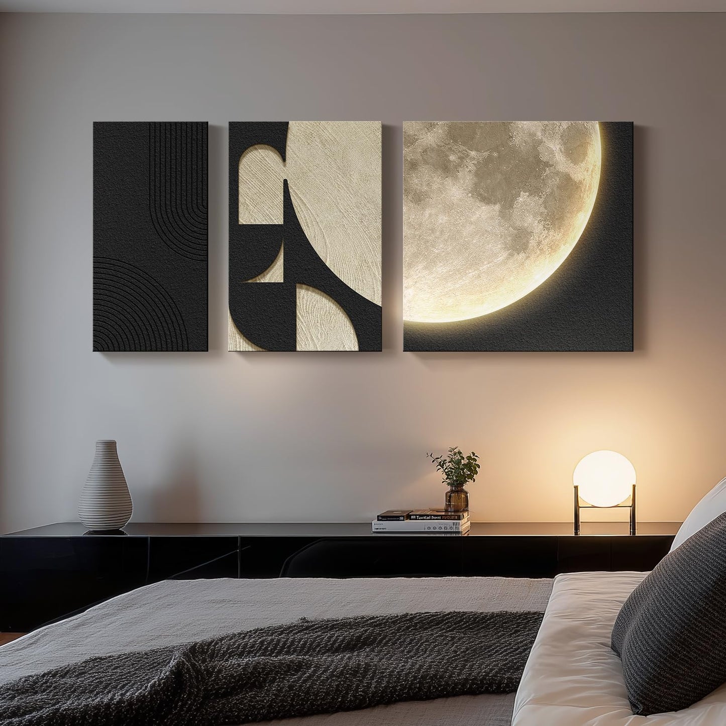 3D LED Abstract Wall Art for Living Room, 3 Piece Neutral Geometric Relief Artwork with Moon Design, Modern Minimalist Black Beige Paintings Wall Decor for Bedroom Dining Room Hallway Entryway Office
