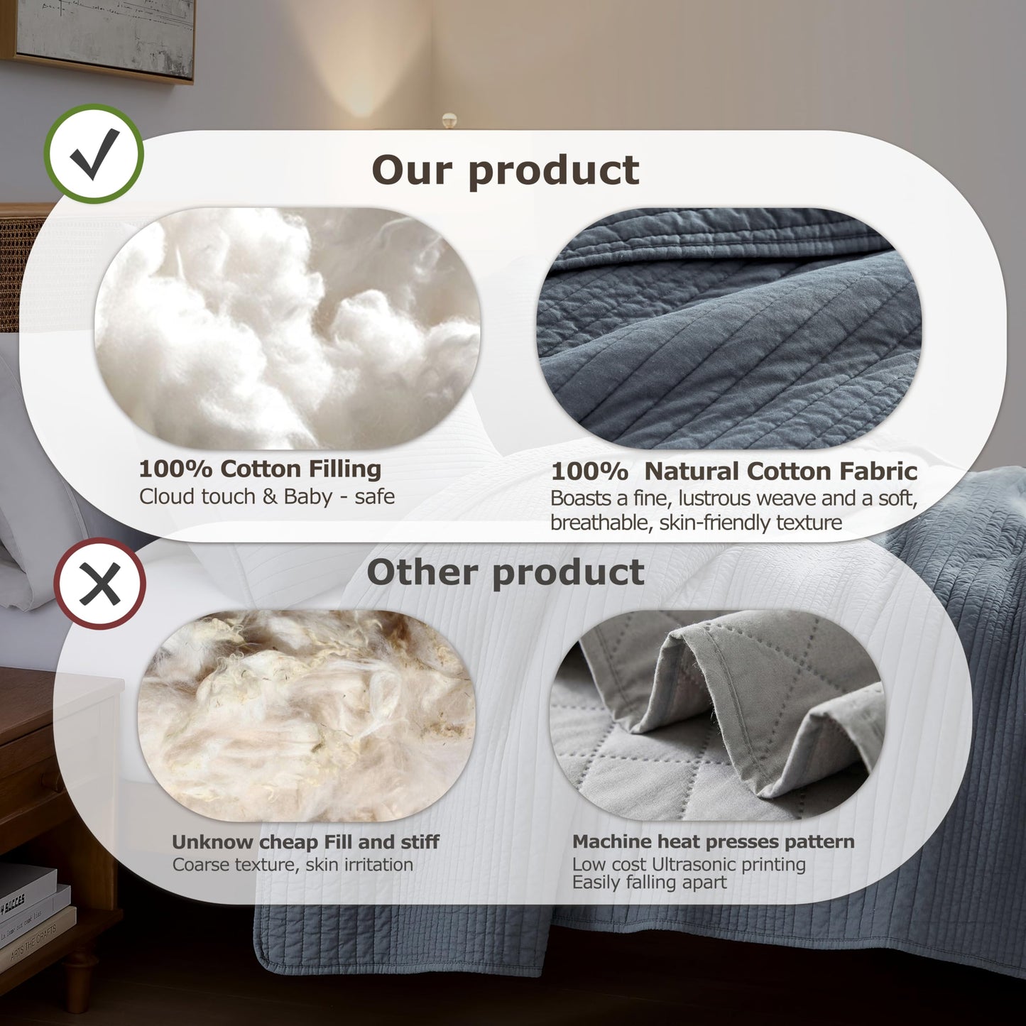 palassio Striped Blue Grey 100% Cotton Quilt Queen Size Bedding Sets, Lightweight Crinkly Channel Pick Stitch Textured Bedspread Soft Shabby Chic Farmhouse Country Coverlet for All Season, 2 Shams
