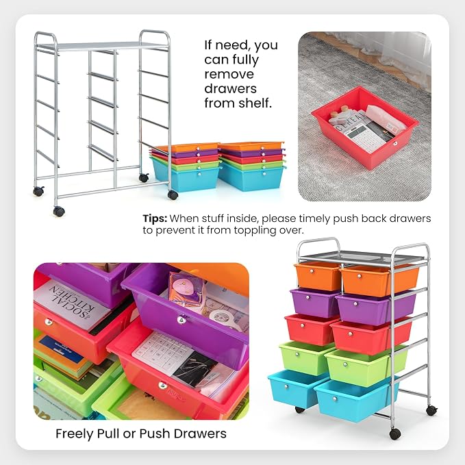 Giantex 10 Drawers Rolling Cart, Classroom Organizers, Storage Cart with Wheels, for Teacher Office Home School Supplies Tool Craft Art Paper, Rainbow Color