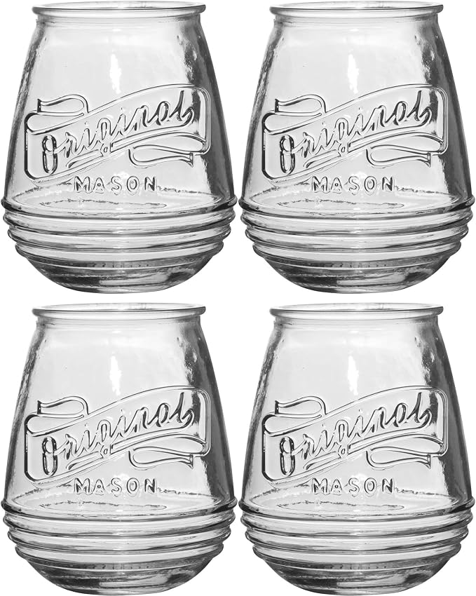 Glaver's Stemless Wine Glasses 21 Oz. Set Of 4 Original Mason Vintage Goblet Beverage Glasses Uses For Your Cocktail Lounge, Whiskey Parties, and Everyday Dinner Table. Dishwasher Safe. (Large)