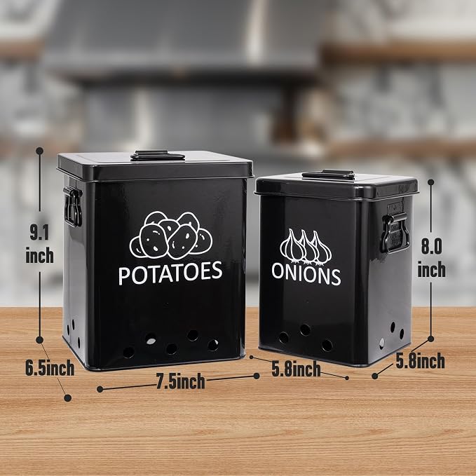 Potato and Onion Storage Bin, Set of 2 Vegetable Storage Tins with Metal Lids & Side Handles, Dual-row Ventilation Holes, Farmhouse Metal Kitchen Canisters Sets, Black