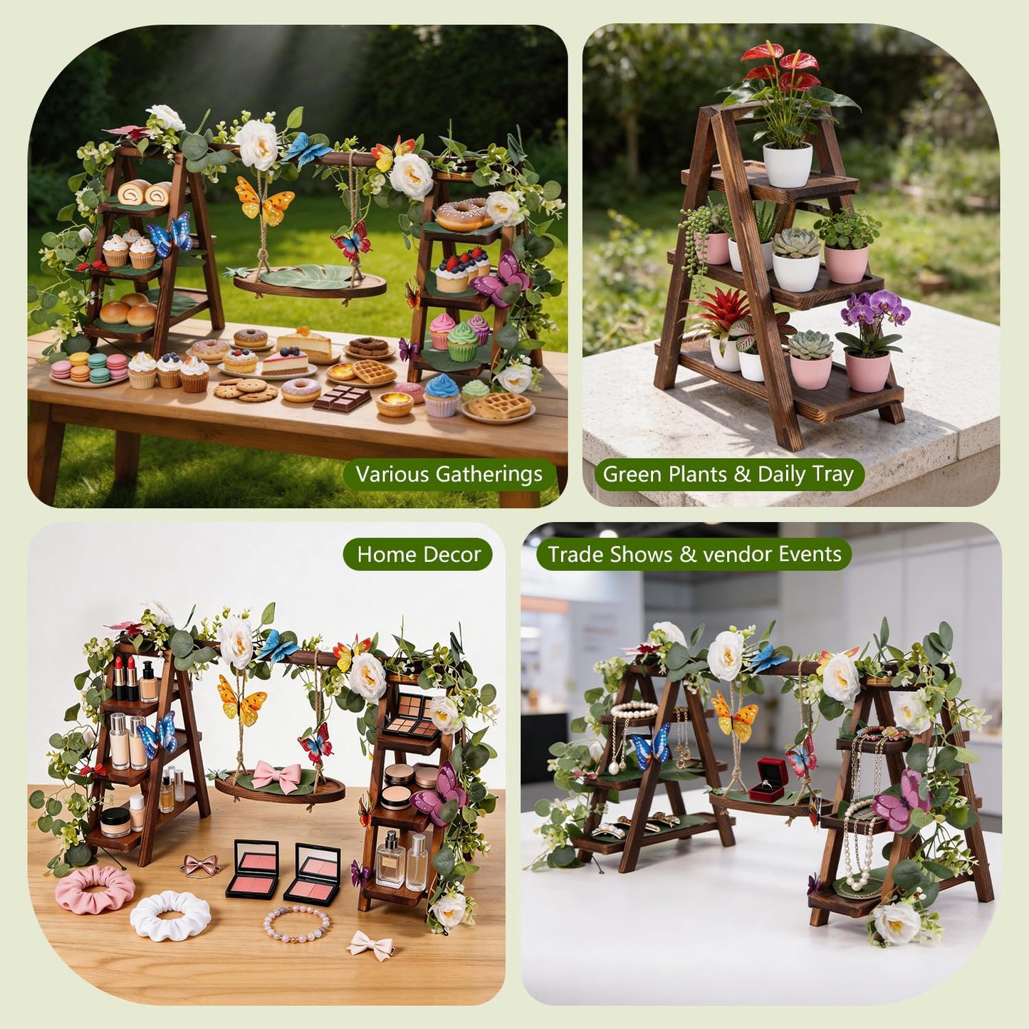 Wooden 3 Tier Cupcake Stand with Flower Vine, Palm Leaves & Decorative Butterflies, Cupcake Holder for Tea Party Supplies, Serving Trays for Party Perfect for Dessert Cups and charcuterie Cups