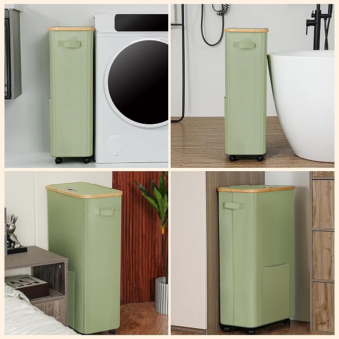Vincona Laundry Basket with Wheels, Dirty Clothes Hamper on Wheels, Rolling Tall Laundry Hamper with lid for Laundry Room, Dorm and Bathroom, 75L Sage Green