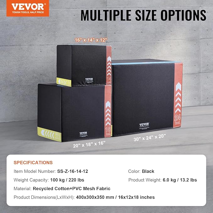 VEVOR 3 in 1 Plyometric Jump Box, Cotton Plyo Box, Platform & Jumping Agility Box, Anti-Slip Fitness Exercise Step Up Box for Home Gym Training, Conditioning Strength Training, Multiple Sizes, Black