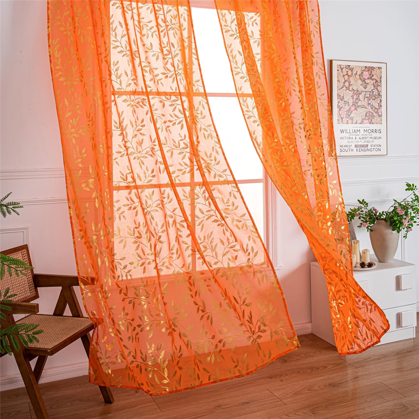 Deeprove Orange Burnt Sheer Curtains 84 inches Long 2 Panels for Bedroom Living Room, Abstract Metallic Gold Foil Vine Leaves Print Window Treatments Pair Set for Fall Halloween Decor, W52 x L84