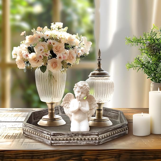 Wooden Decorative Tray, Small Serving Tray with Wood Bead, Farmhouse Big Tray for Ottoman, Countertop, Coffee Tabl, 13" x 13"x 1.6" (Retro Brown)