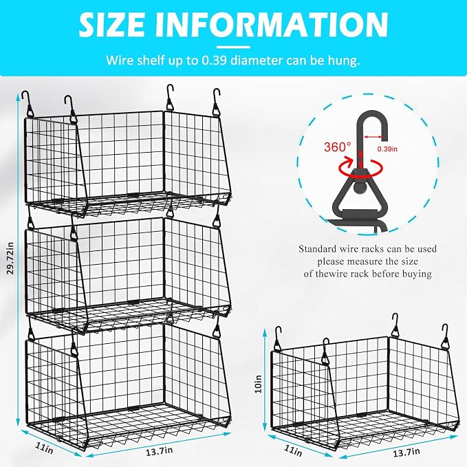 3-Pack Hanging Laundry Room Organizaton：Foldable Laundry Basket Wire Basket with 360°Rotating Hooks Small Space Organization Over Washer and Dryer Shelves - Hanging Closet Organizer, Black Patent