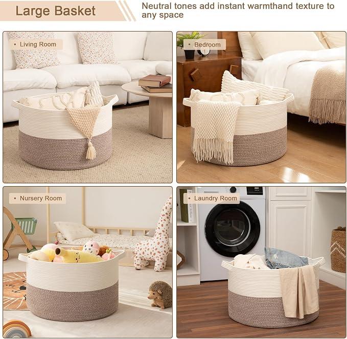 OIAHOMY 115L Extra Large Blanket Basket for Living Room, 23.6" x 15.4" Woven Cotton Rope Laundry Basket for Organizing Pillows, Decorative Stuffed Animal Toy Storage for Nursery, White and Linen Brown