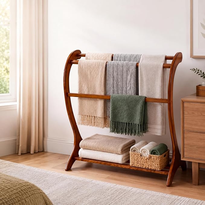 Leinuosen Wood Quilt Rack with 3 Rungs, Free Standing Blanket Holder for Living Room Bedroom Bathroom, 16.69" D x 30" W x 36" H, Retro Curved Ladder Design, Solid Wood, Antique Walnut Finish